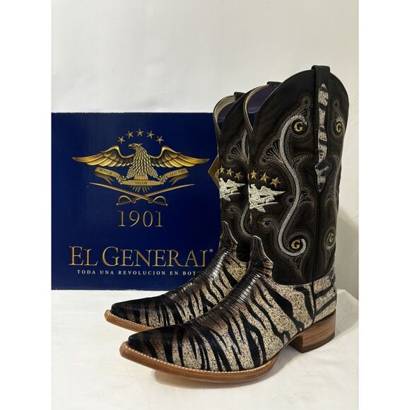 El General Cowboy Boots Mens Sz 7 Tiger Stripe Lizard Skin Exotic Leather Brown - Picture 1 of 15